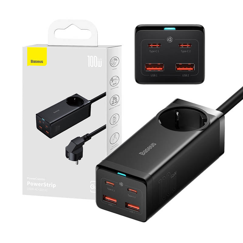 Network Charger Baseus GaN3 Pro PowerStrip, 100W, 5A,2 x USB-A - 2 x USB-C - 1 x Schuko, Black PSZM000401 PSZM000401 