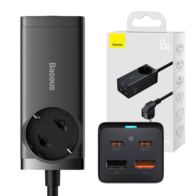 Produžni kabel Baseus GaN3 Pro PowerStrip, 65W, 3A, 2 x USB-A - 2 x USB-C - 1 x Schuko, Crni PSZM000901