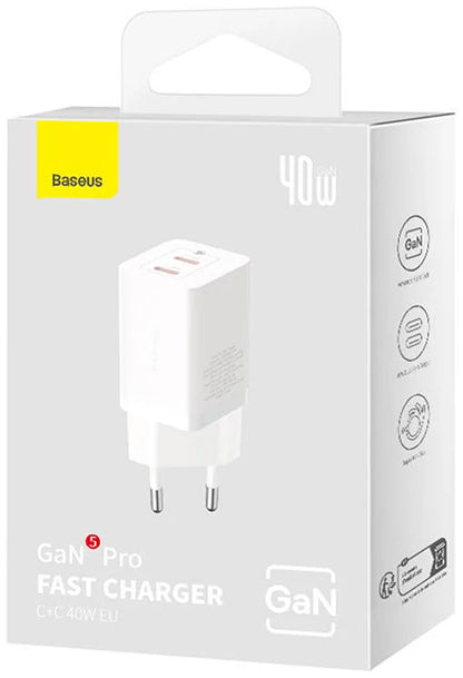 Punjač mreže Baseus GaN5 Pro, 40W, 3A, 2 x USB-C, Beli CCGP180102