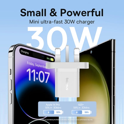 Punjač mreže Baseus GaN5 UK, 30W, 3A, 1 x USB-C, Beli P10110906213-00