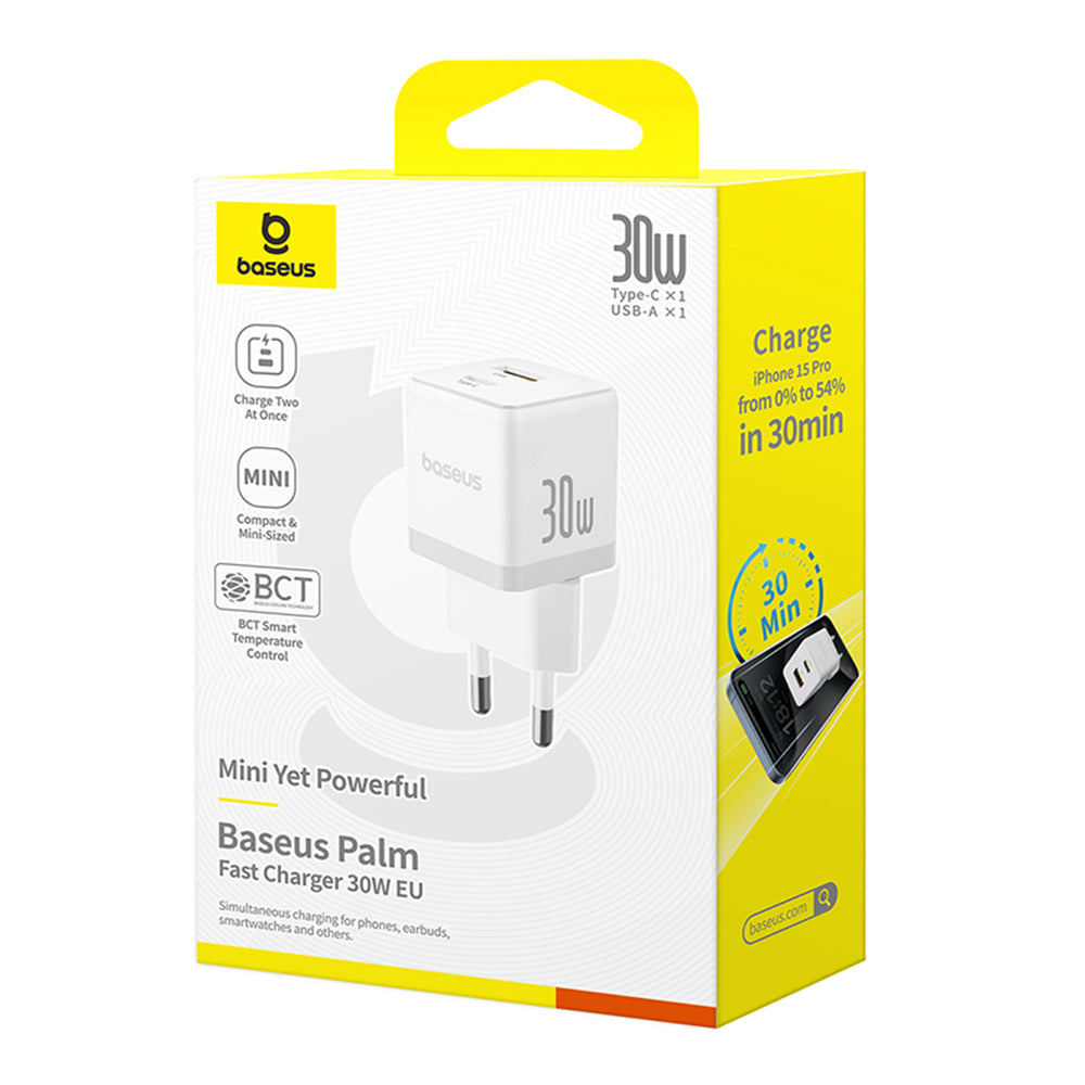 Punjač Baseus Palm, 30W, 3A, 1 x USB-A - 1 x USB-C, Beli P1011160A213-00