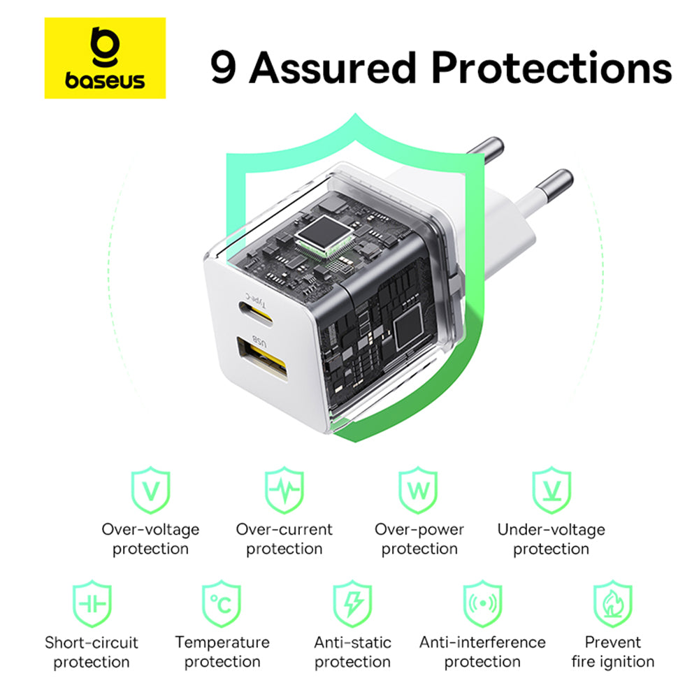 Punjač Baseus Palm, 30W, 3A, 1 x USB-A - 1 x USB-C, Beli P1011160A213-00
