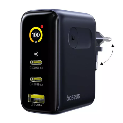 Punjač za mrežu Baseus PicoGo AE21 Display, 100W, 5A, 1 x USB-A - 2 x USB-C, Crni E0121B00