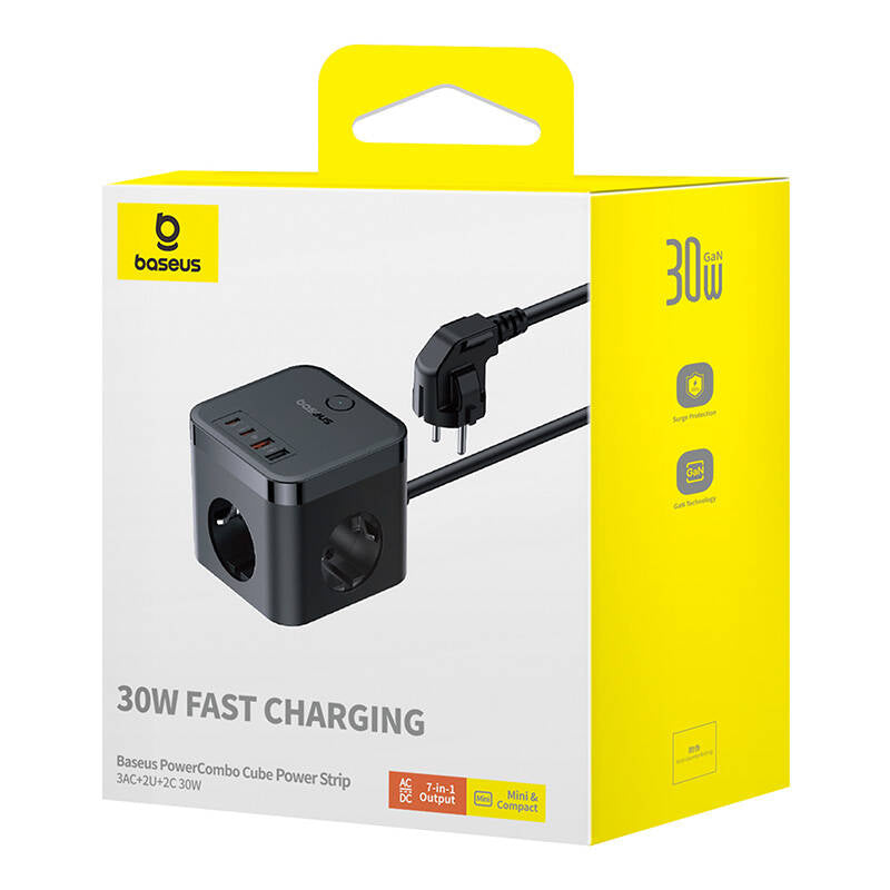 Produžni kabel Baseus PowerCombo Cube, 30W, 3A, 2 x USB-A - 2 x USB-C - 3 x Schuko, Crni E00066400117-00