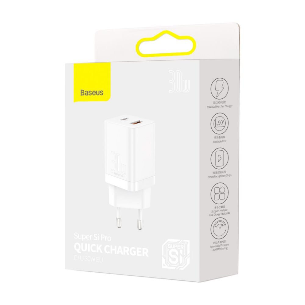 Punjač Baseus Super Si Pro, 30W, 3A, 1 x USB-A - 1 x USB-C, Bijeli CCSUPP-E02