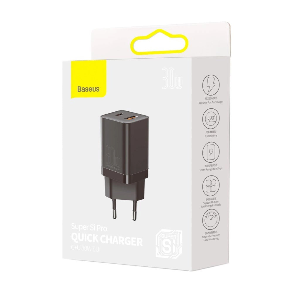 Punjač Baseus Super Si Pro, 30W, 3A, 1 x USB-A - 1 x USB-C, Crni CCSUPP-E01