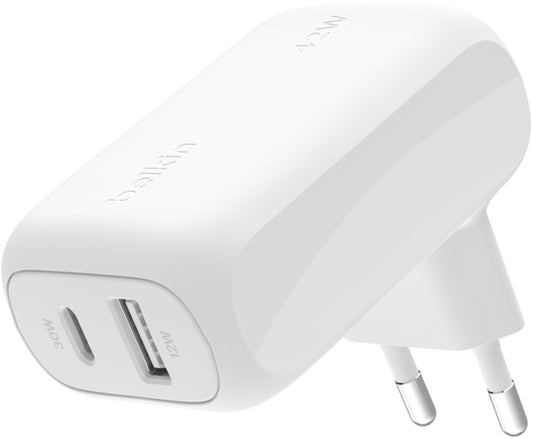 Punjač za mrežu Belkin BoostCharge Dual, 42W, 3A, 1 x USB-A - 1 x USB-C, Bela WCB009vfWH