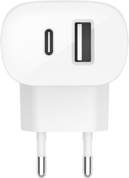 Punjač za mrežu Belkin BoostCharge Dual, 37W, 3A, 1 x USB-A - x USB-C, Bela WCB007vfWH