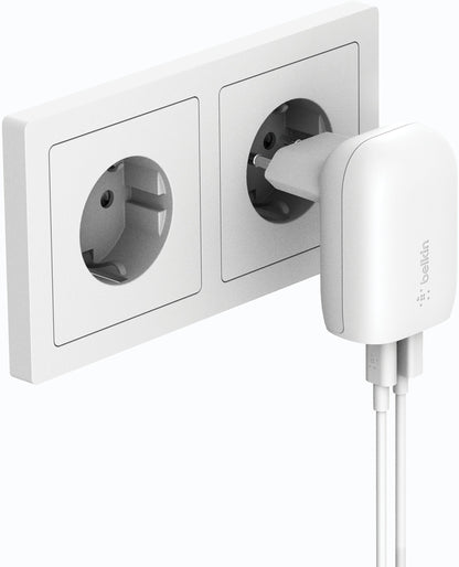 Punjač za mrežu Belkin BoostCharge Dual, 37W, 3A, 1 x USB-A - x USB-C, Bela WCB007vfWH