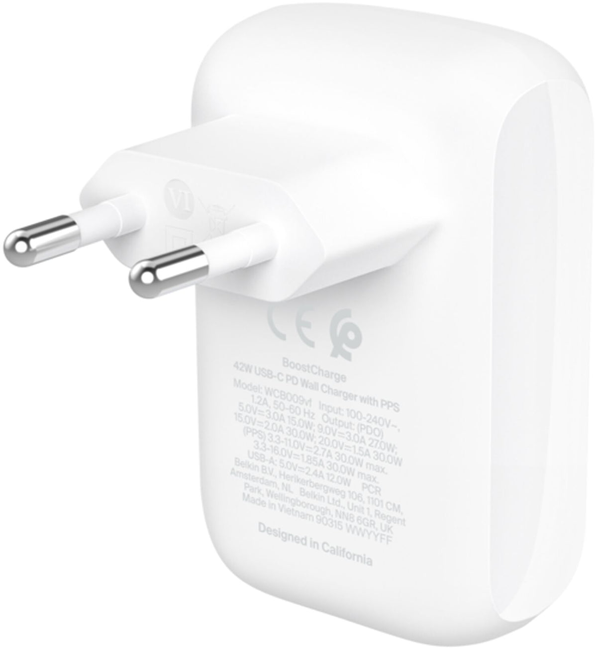 Punjač za mrežu Belkin BoostCharge Dual, 42W, 3A, 1 x USB-A - 1 x USB-C, Bela WCB009vfWH