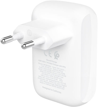 Punjač za mrežu Belkin BoostCharge Dual, 42W, 3A, 1 x USB-A - 1 x USB-C, Bela WCB009vfWH