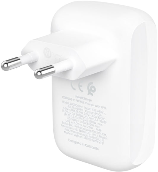 Punjač za mrežu Belkin BoostCharge Dual, 42W, 3A, 1 x USB-A - 1 x USB-C, Bela WCB009vfWH