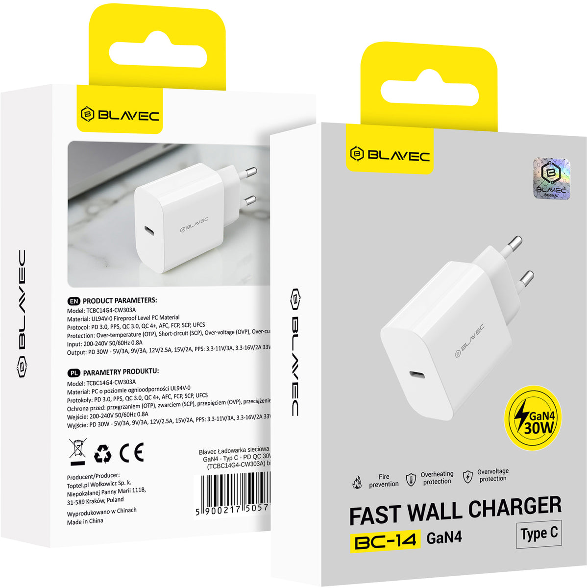 Mrežni punjač Blavec BC-14, 30 W, 3 A, 1 x USB-C, beli