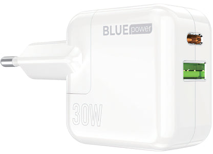 Punjač za mrežu BLUE Power BC111A, 30W, 3A, 1 x USB-A - 1 x USB-C, Beli