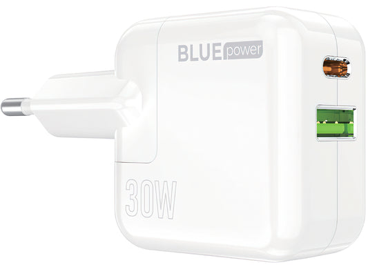 Punjač za mrežu BLUE Power BC111A, 30W, 3A, 1 x USB-A - 1 x USB-C, Beli