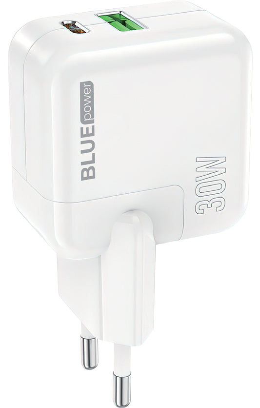 Punjač za mrežu BLUE Power BC111A, 30W, 3A, 1 x USB-A - 1 x USB-C, Beli