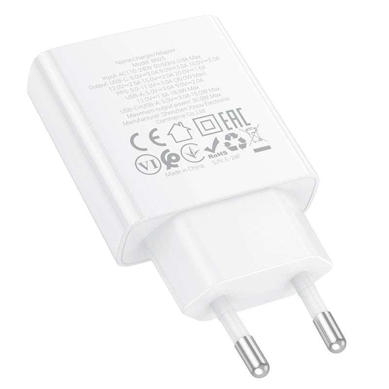 Network Charger Borofone BN25 Wish, 30W, 3A, 1 x USB-A - 1 x USB-C, White 