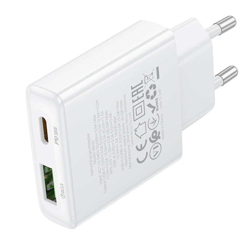 Network Charger Borofone BN25 Wish, 30W, 3A, 1 x USB-A - 1 x USB-C, White 