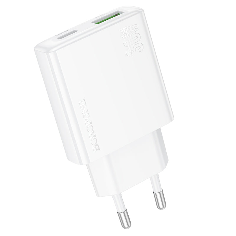 Network Charger Borofone BN25 Wish, 30W, 3A, 1 x USB-A - 1 x USB-C, White 