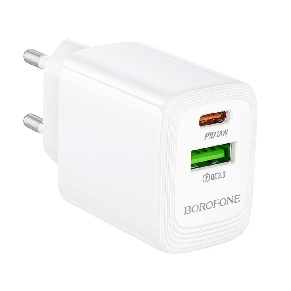 Punjač Mreža Borofone BN27 Fuente, 20W, 3A, 1 x USB-A - 1 x USB-C, Beli