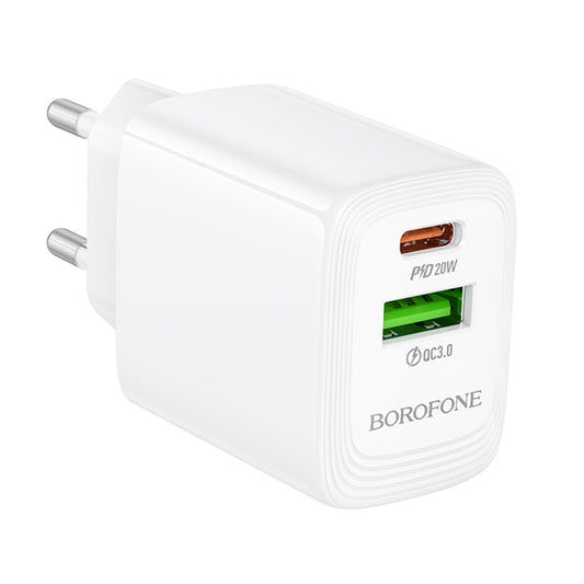 Punjač Mreža Borofone BN27 Fuente, 20W, 3A, 1 x USB-A - 1 x USB-C, Beli