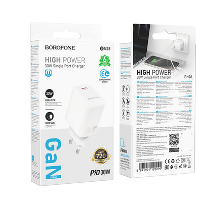 Punjač mreže Borofone BN28 Fuente, 30W, 3A, 1 x USB-C, Beli