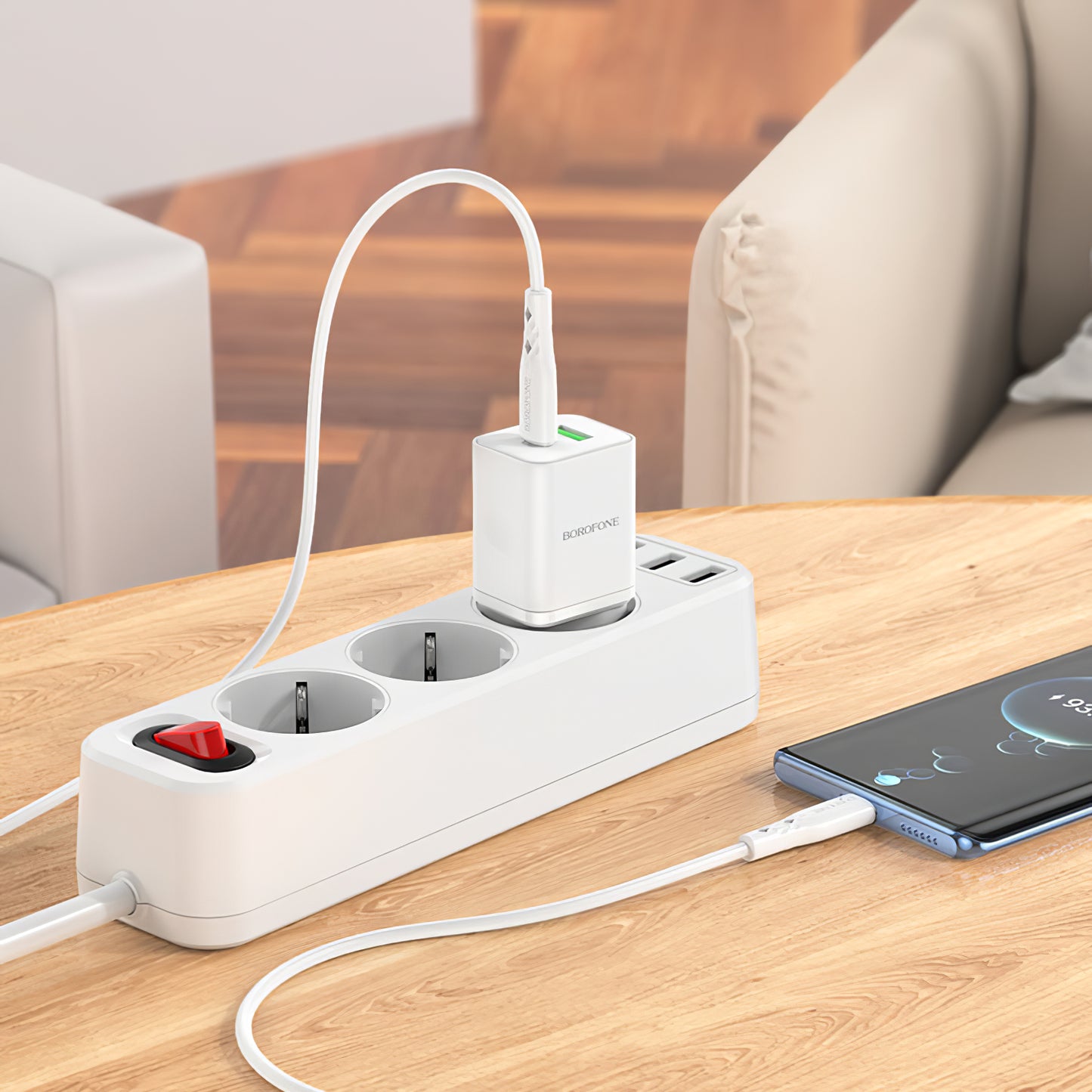 Network Charger Borofone BN7, 20W, 3A, 1 x USB-A - 1 x USB-C, White 