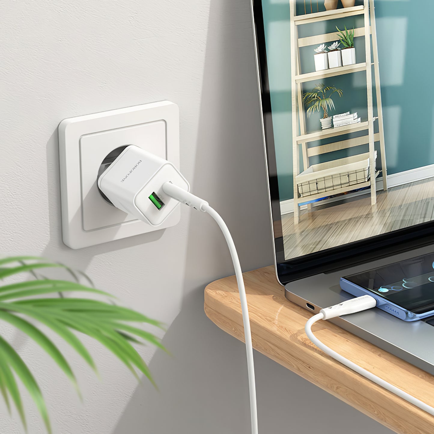 Network Charger Borofone BN7, 20W, 3A, 1 x USB-A - 1 x USB-C, White 