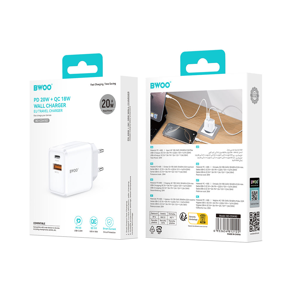 Punjač za mrežu BWOO CDA182, 38W, 3A, 1 x USB-A - 1 x USB-C, Beli