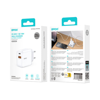 Punjač za mrežu BWOO CDA182, 38W, 3A, 1 x USB-A - 1 x USB-C, Beli