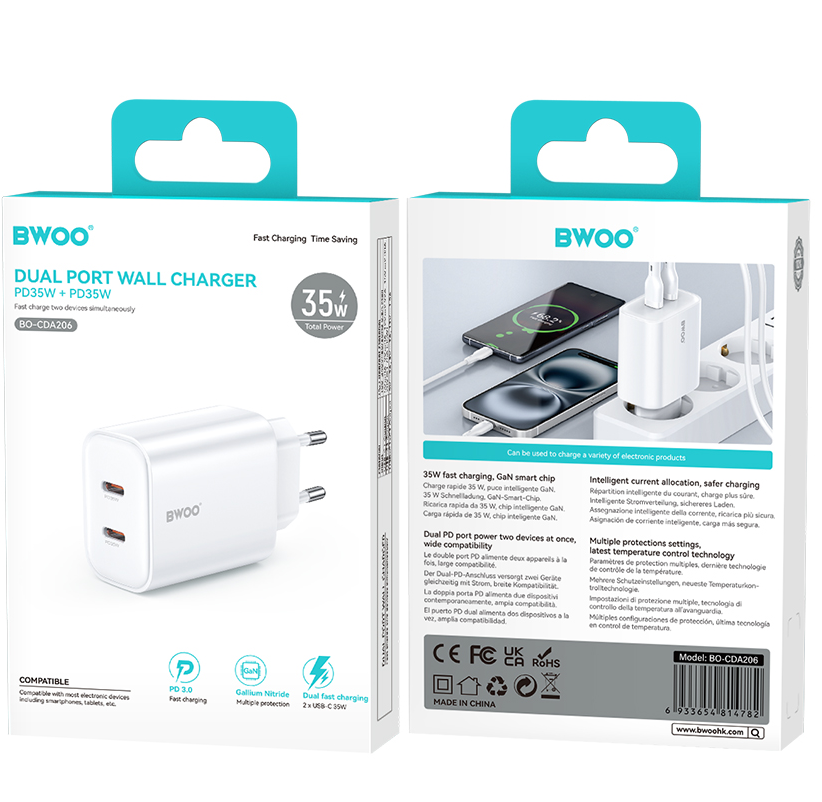 Mrežni punjač BWOO CDA206, 35W, 3A, 2 x USB-C, Bela