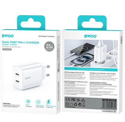 Mrežni punjač BWOO CDA206, 35W, 3A, 2 x USB-C, Bela