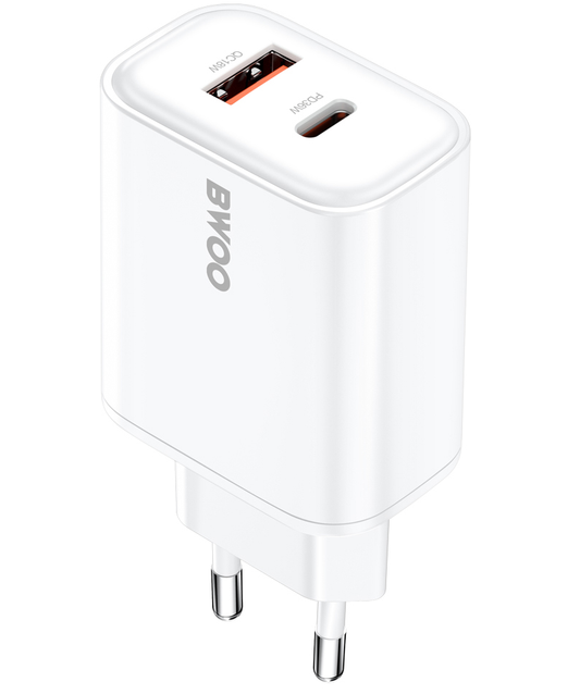 Mrežni punjač BWOO CDA207, 36W, 3A, 1 x USB-A - 1 x USB-C, Bela