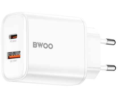 Mrežni punjač BWOO CDA207, 36W, 3A, 1 x USB-A - 1 x USB-C, Bela