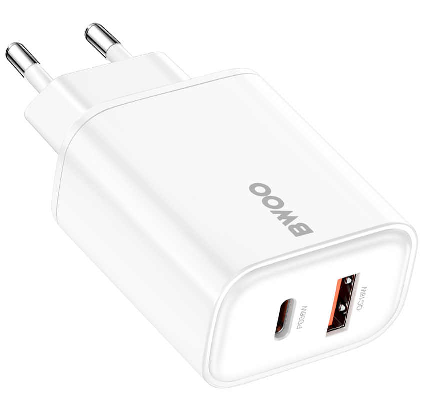 Mrežni punjač BWOO CDA207, 36W, 3A, 1 x USB-A - 1 x USB-C, Bela