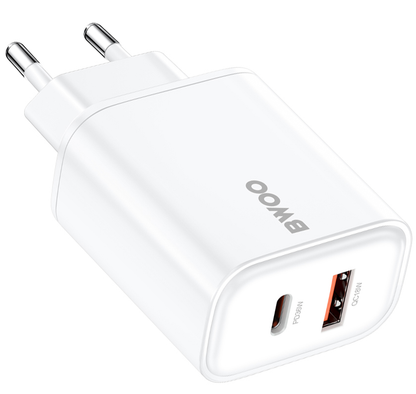 Mrežni punjač BWOO CDA207, 36W, 3A, 1 x USB-A - 1 x USB-C, Bela