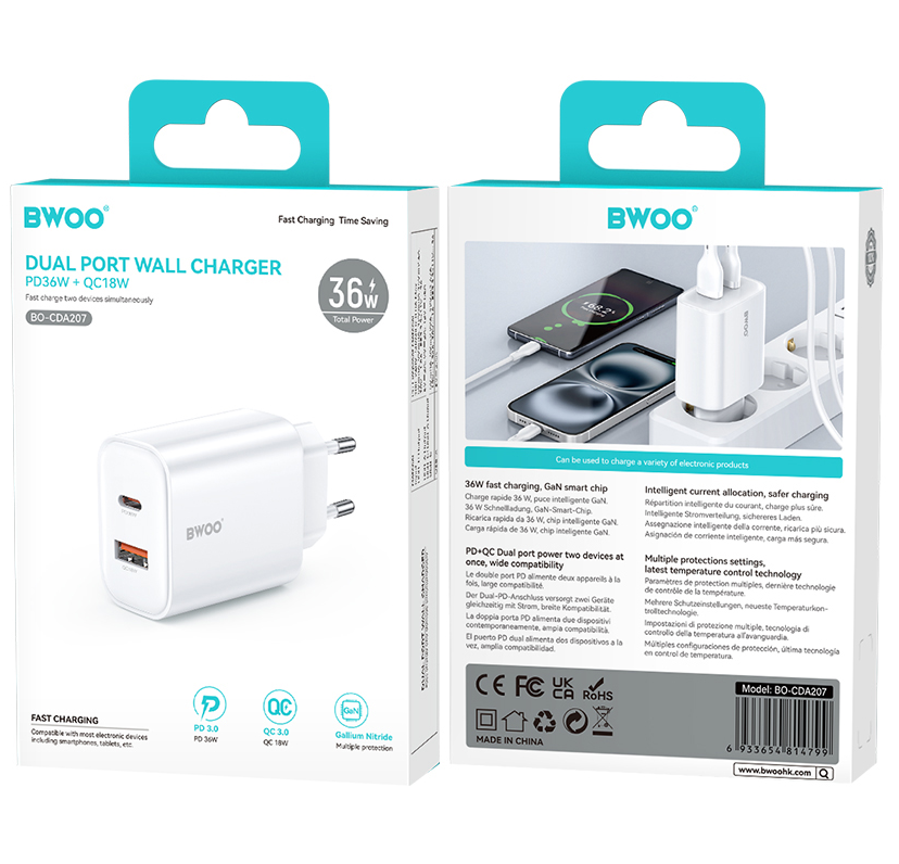 Mrežni punjač BWOO CDA207, 36W, 3A, 1 x USB-A - 1 x USB-C, Bela