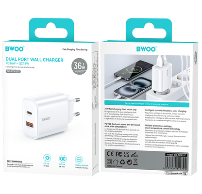 Mrežni punjač BWOO CDA207, 36W, 3A, 1 x USB-A - 1 x USB-C, Bela