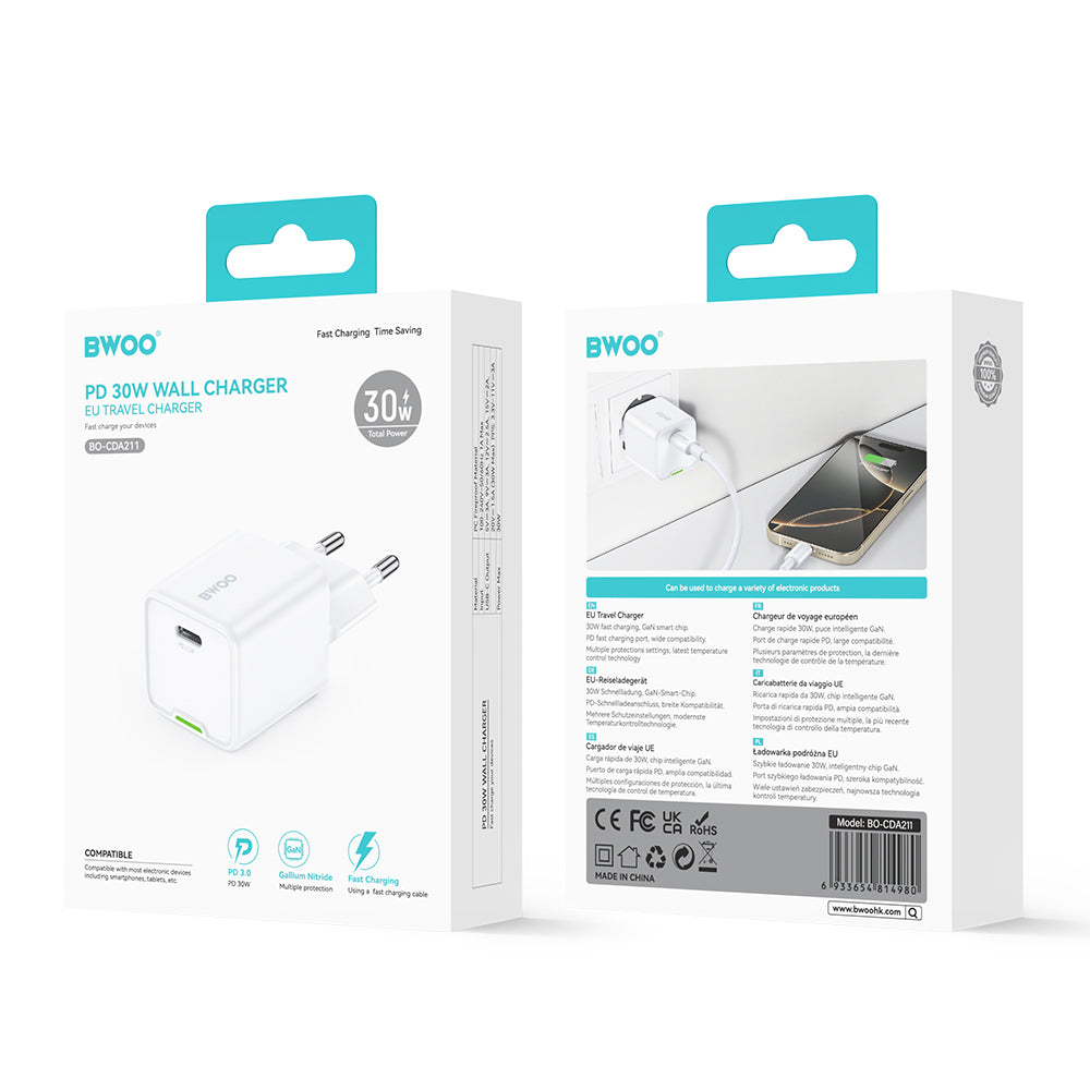 Punjač mreže BWOO CDA211, 30W, 3A, 1 x USB-C, Beli