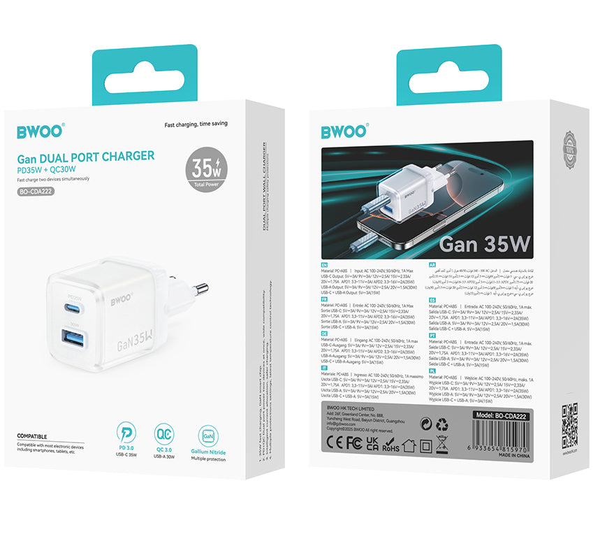 Punjač za mrežu BWOO CDA222, 35W, 3A, 1 x USB-A - 1 x USB-C, Beli