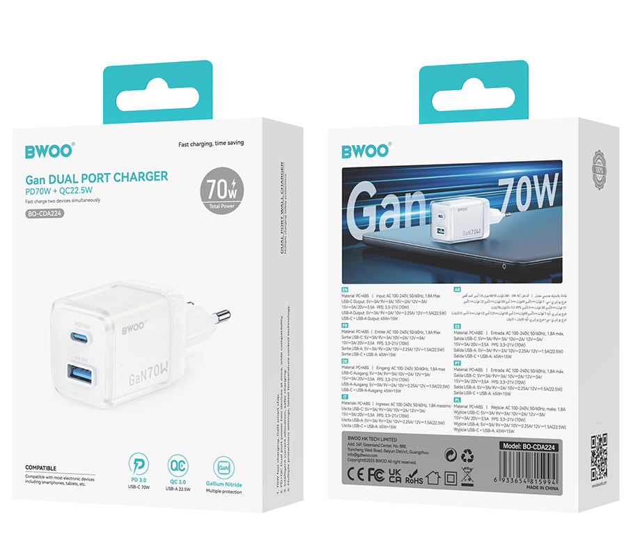 Mrežni punjač BWOO CDA224, 70W, 3.25A, 1 x USB-A - 1 x USB-C, Bel