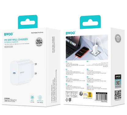 Punjač mreže BWOO CDA233, 20W, 3A, 1 x USB-C, Beli