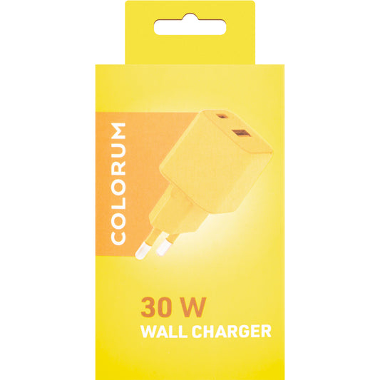 Network Charger Colorum CLS30-AC-05, 30W, 3A, 1 x USB-A - 1 x USB-C, Yellow 