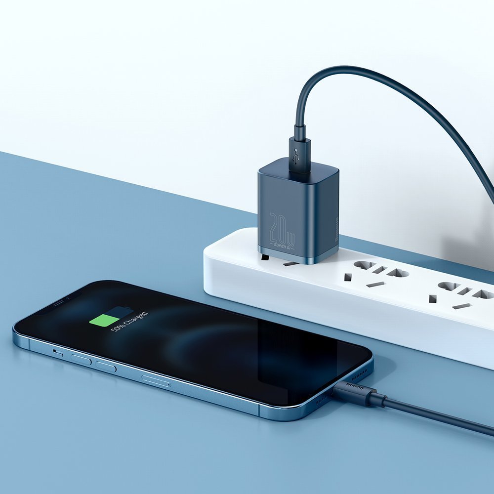 Baseus Super Si Network Charger with Lightning Cable, 20W, 3A, 1 x USB-C, Blue TZCCSUP-B03