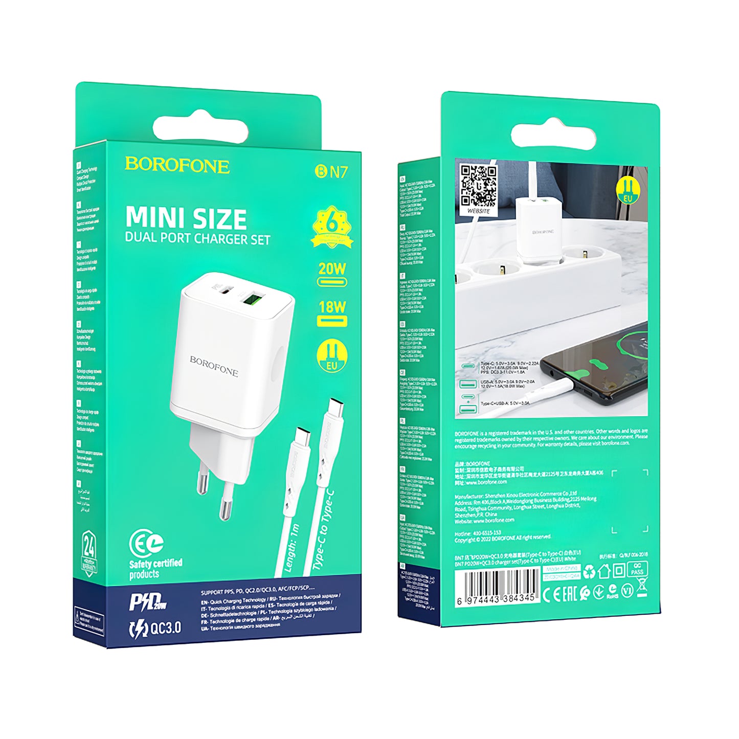 Punjač za mrežu sa USB-C kablom Borofone BN7, 20W, 3A, 1 x USB-A - 1 x USB-C, Beli