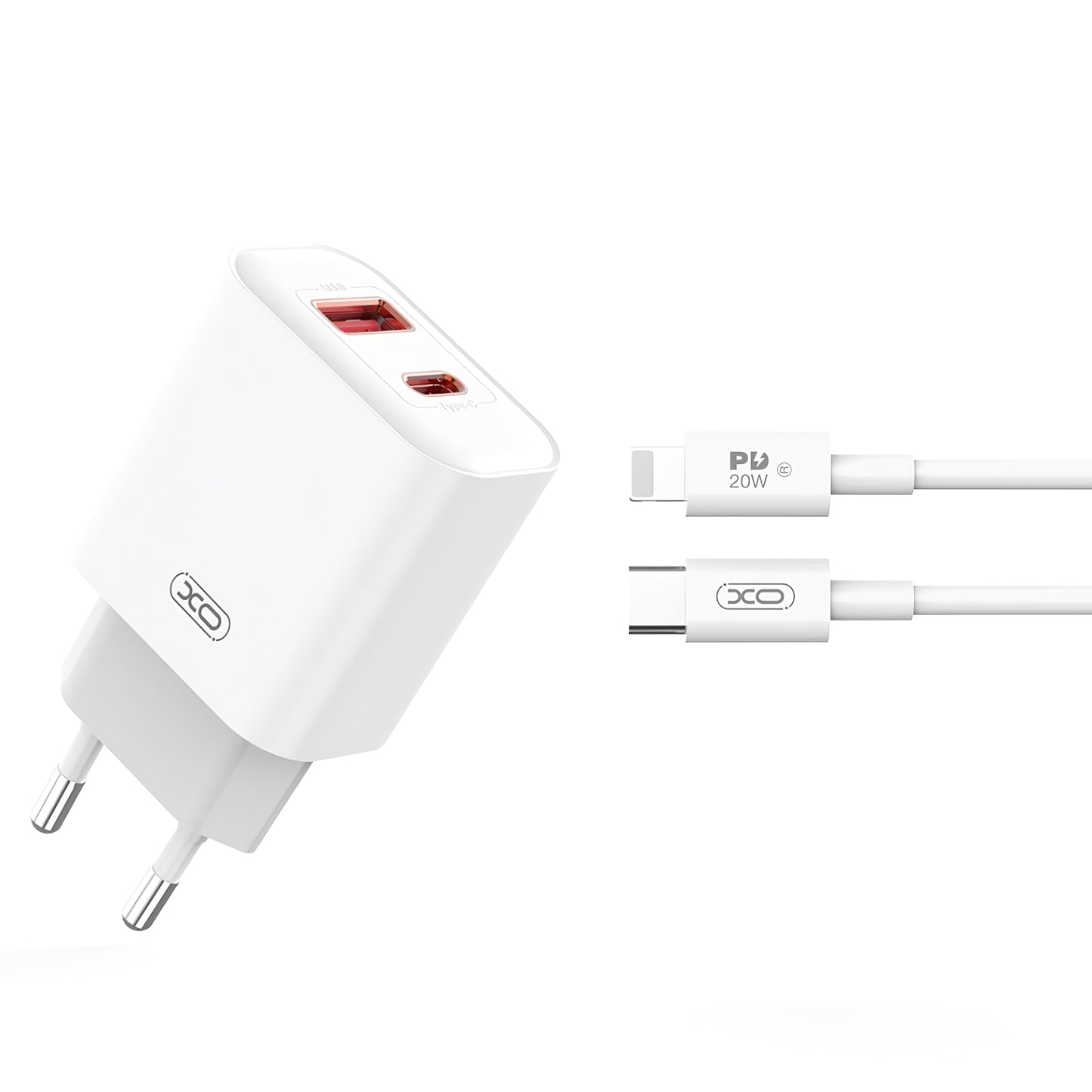 Punjač za mrežu sa Lightning kablom XO Design CE12, 20W, 3A, 1 x USB-A - 1 x USB-C, Beli