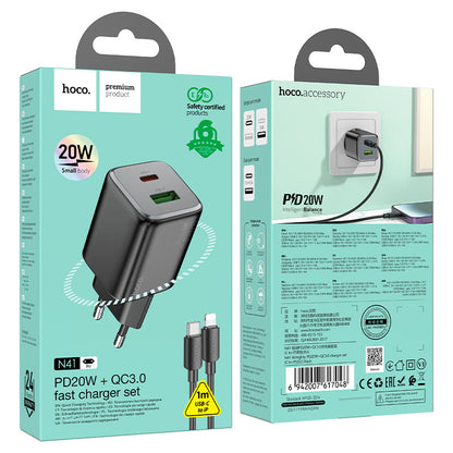 Punjač za mrežu sa Lightning kablom HOCO N41, 20W, 3A, 1 x USB-A - 1 x USB-C, Crni