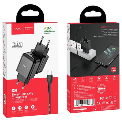 Punjač za mrežu sa USB-C kablom HOCO N2, 10W, 2A, 1 x USB-A, Crni