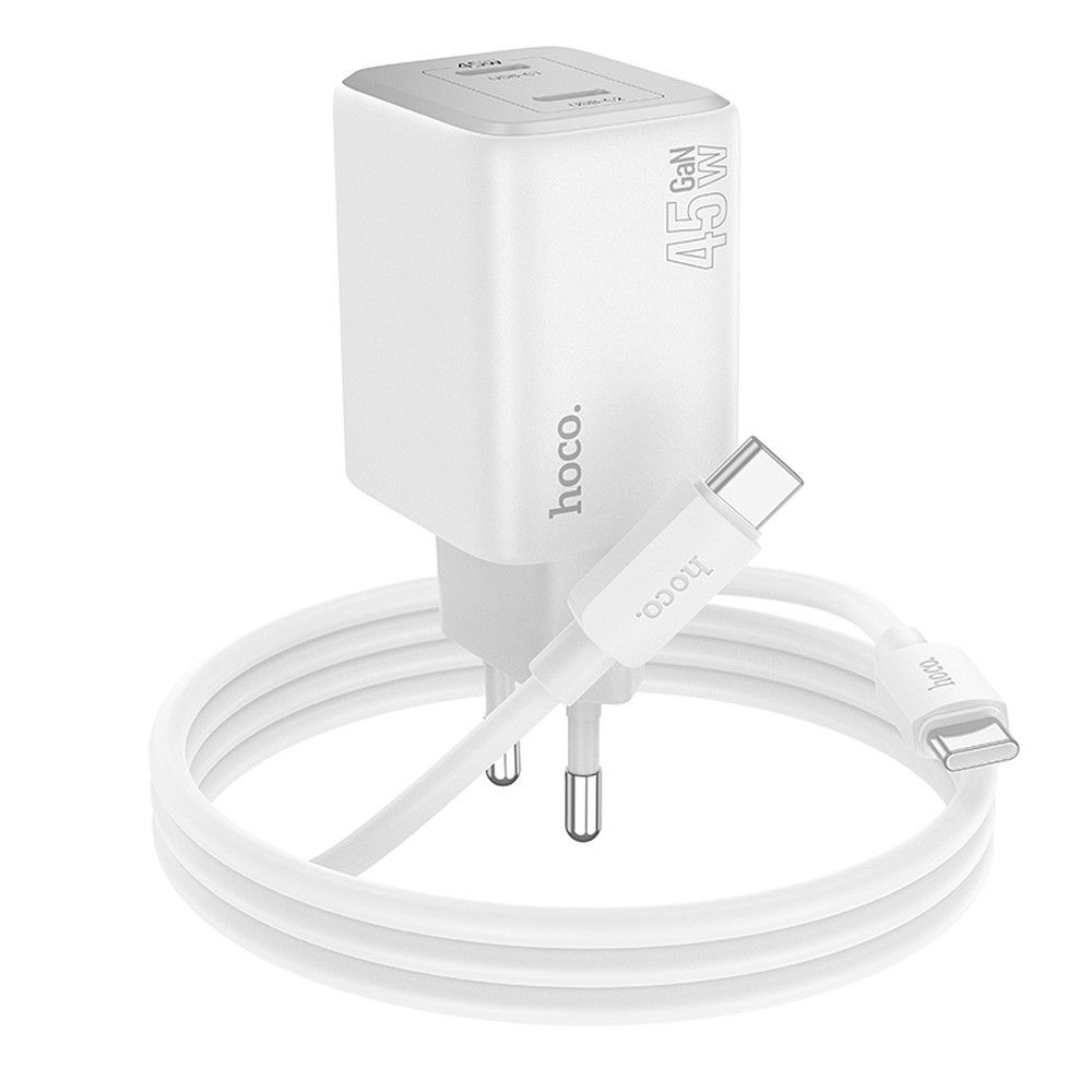 Network Charger with USB-C Cable HOCO N42, 45W, 3A, 2 x USB-C, White 