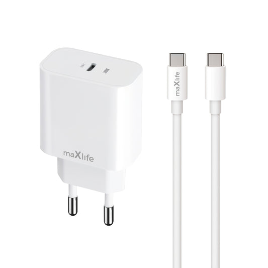 Punjač za mrežu sa USB-C kablom MaXlife MXTC-06-20C, 20W, 3A, 1 x USB-C, Bela